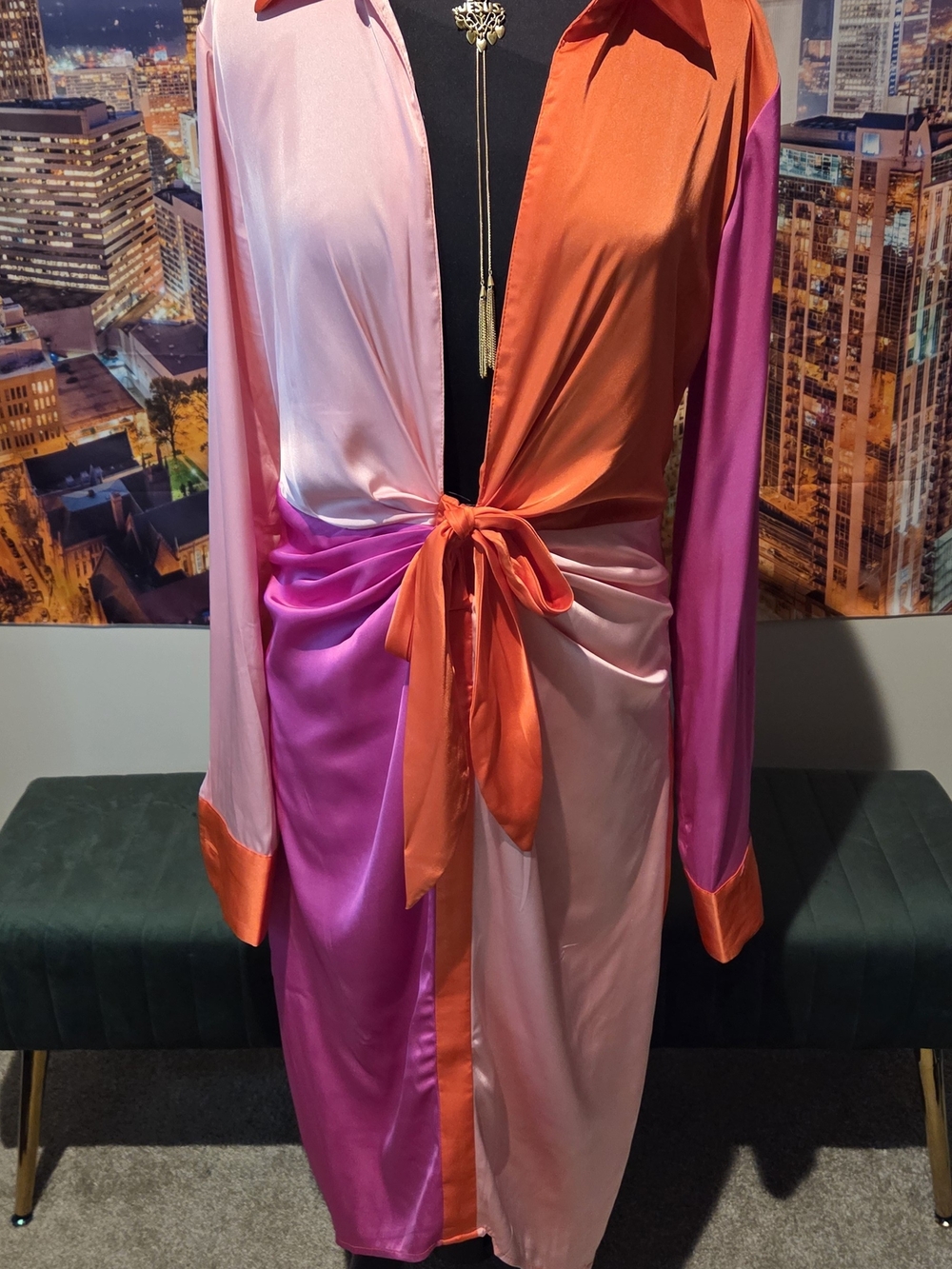 Fashion Nova Pink and Orange Satin Tie-Waist Long Sleeve Dress